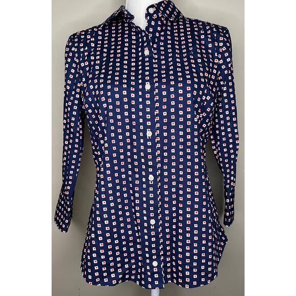 Nautica women’s button up blouse blue white red squares long sleeve cotton M - Picture 1 of 9